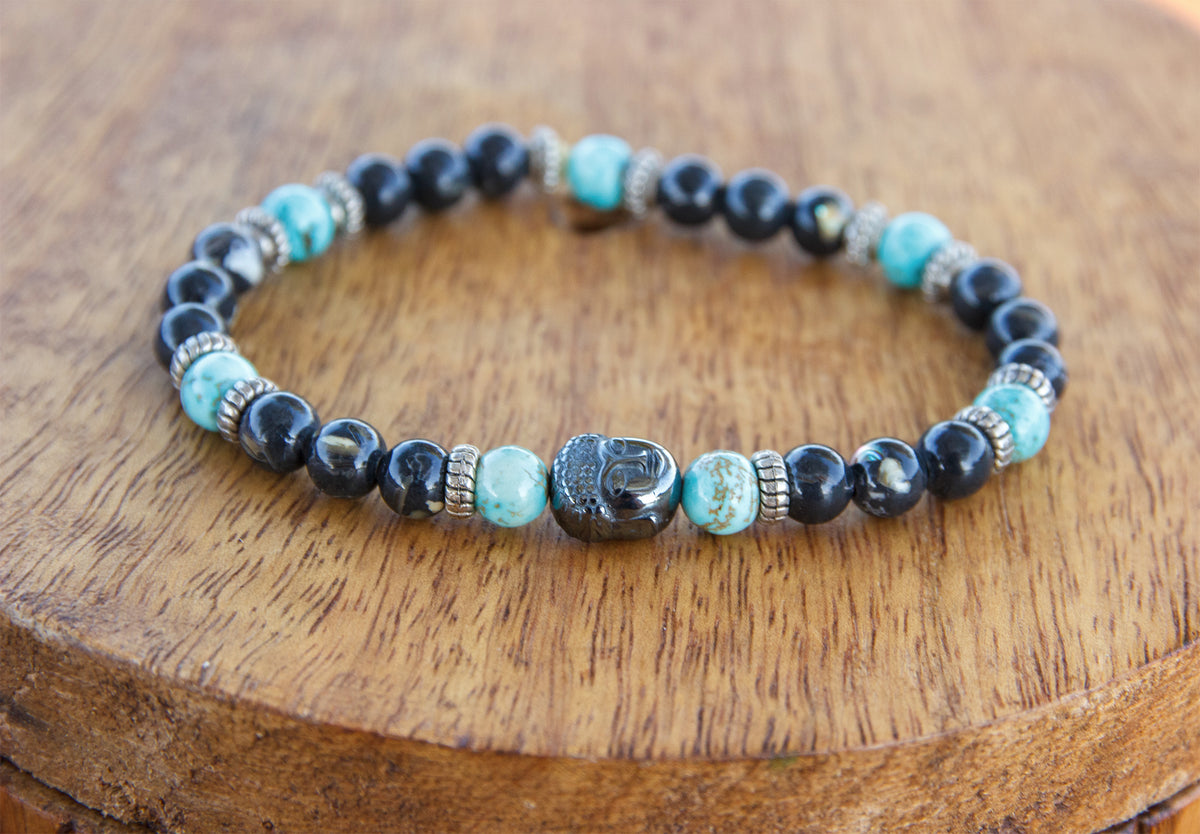 Bracelet unisexe Bouddha en hématite, noir et turquoise
