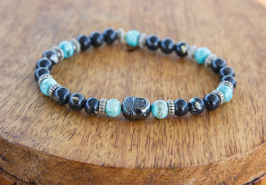 Bracelet unisexe Bouddha en hématite, noir et turquoise