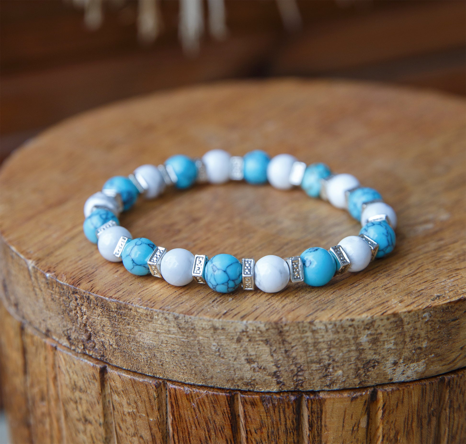 Bracelet agate blanche et howlite turquoise 8mm - caurisandco