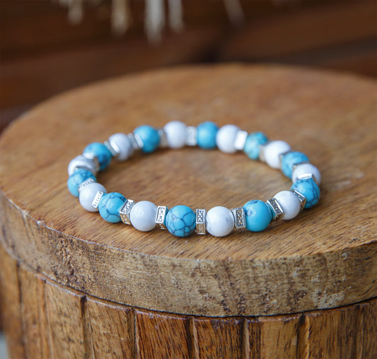Bracelet agate blanche et howlite turquoise 8mm - caurisandco