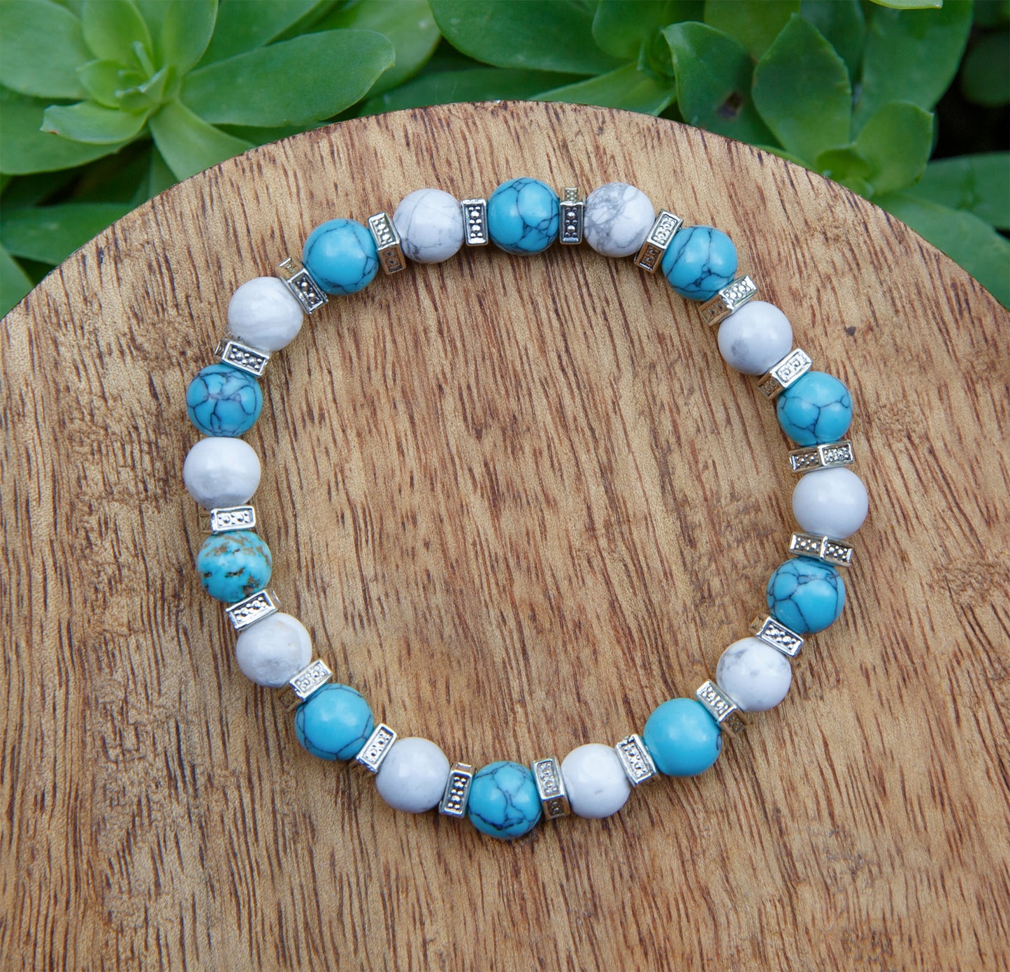 Bracelet agate blanche et howlite turquoise 8mm - caurisandco