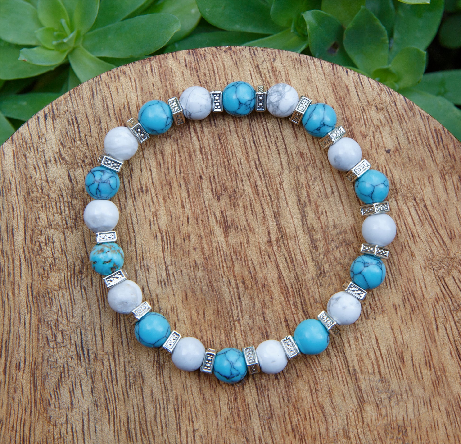 Bracelet agate blanche et howlite turquoise 8mm - caurisandco