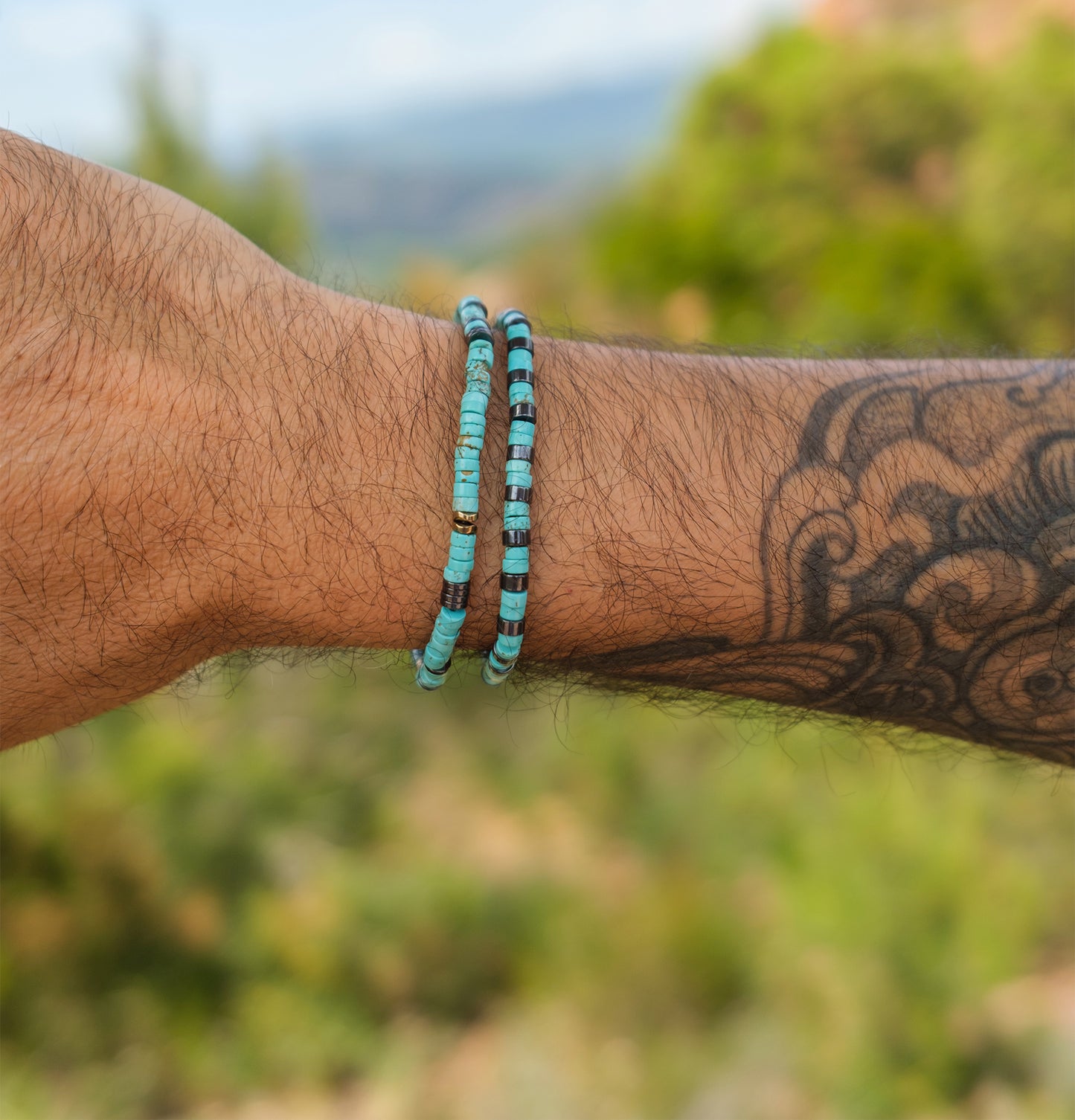 bracelet perles heishi howlite turquoise et hematite