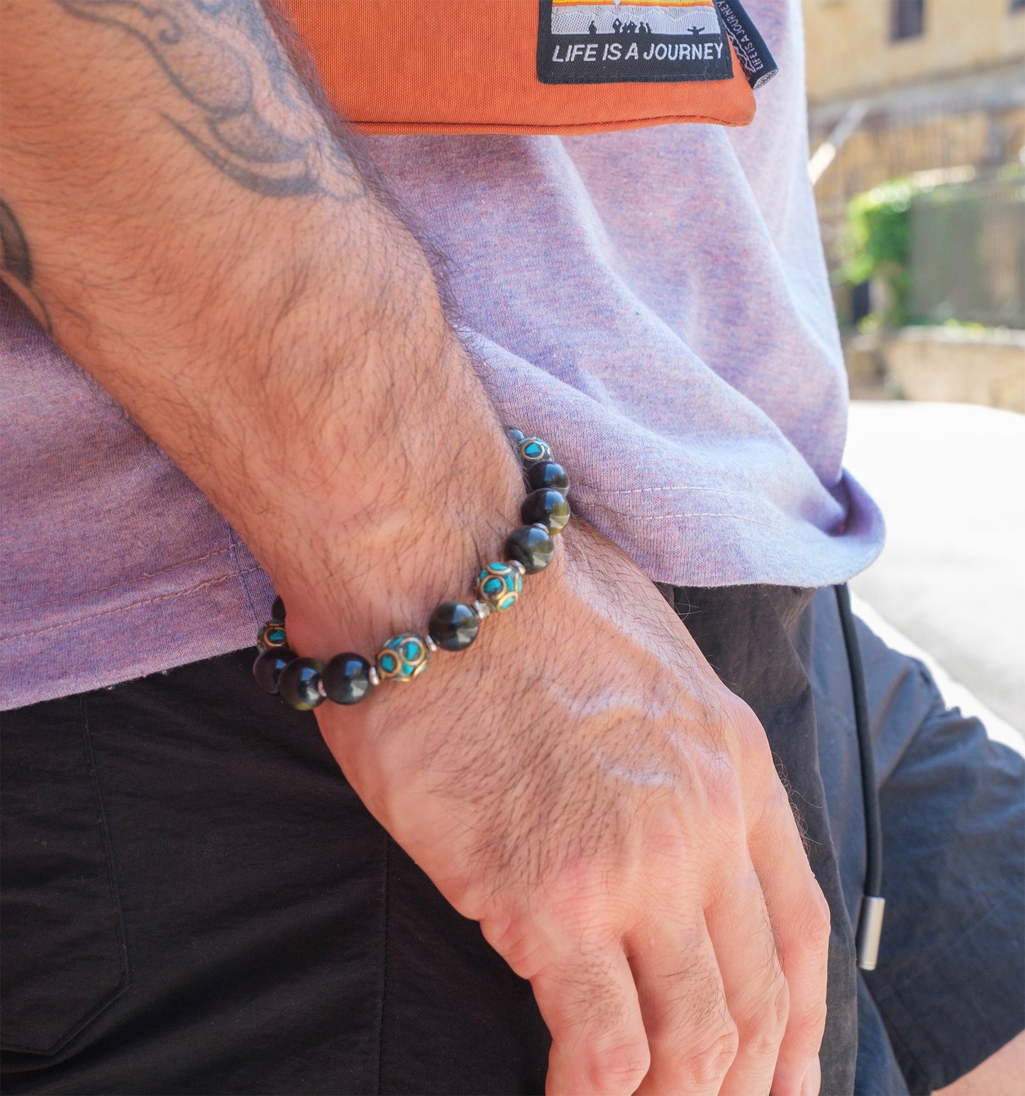 bracelet perles homme obsidienne et perles antique du Tibet turquoise (qualité AAA)