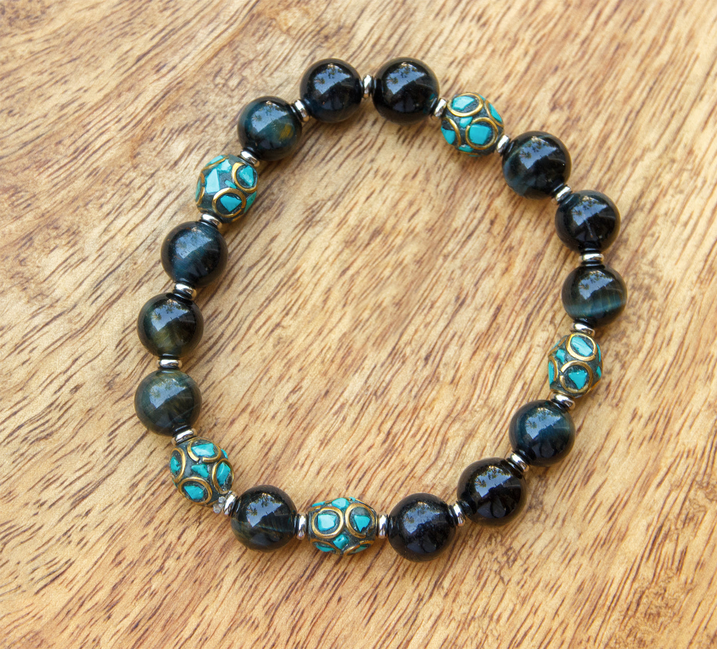 bracelet perles homme obsidienne et perles antique du Tibet turquoise (qualité AAA)