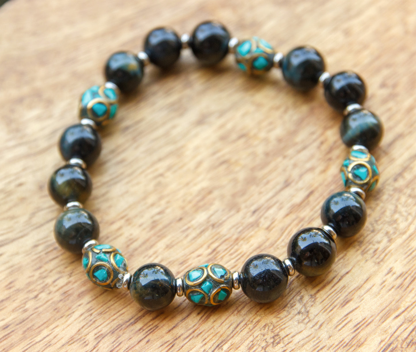 bracelet perles homme obsidienne et perles antique du Tibet turquoise (qualité AAA)