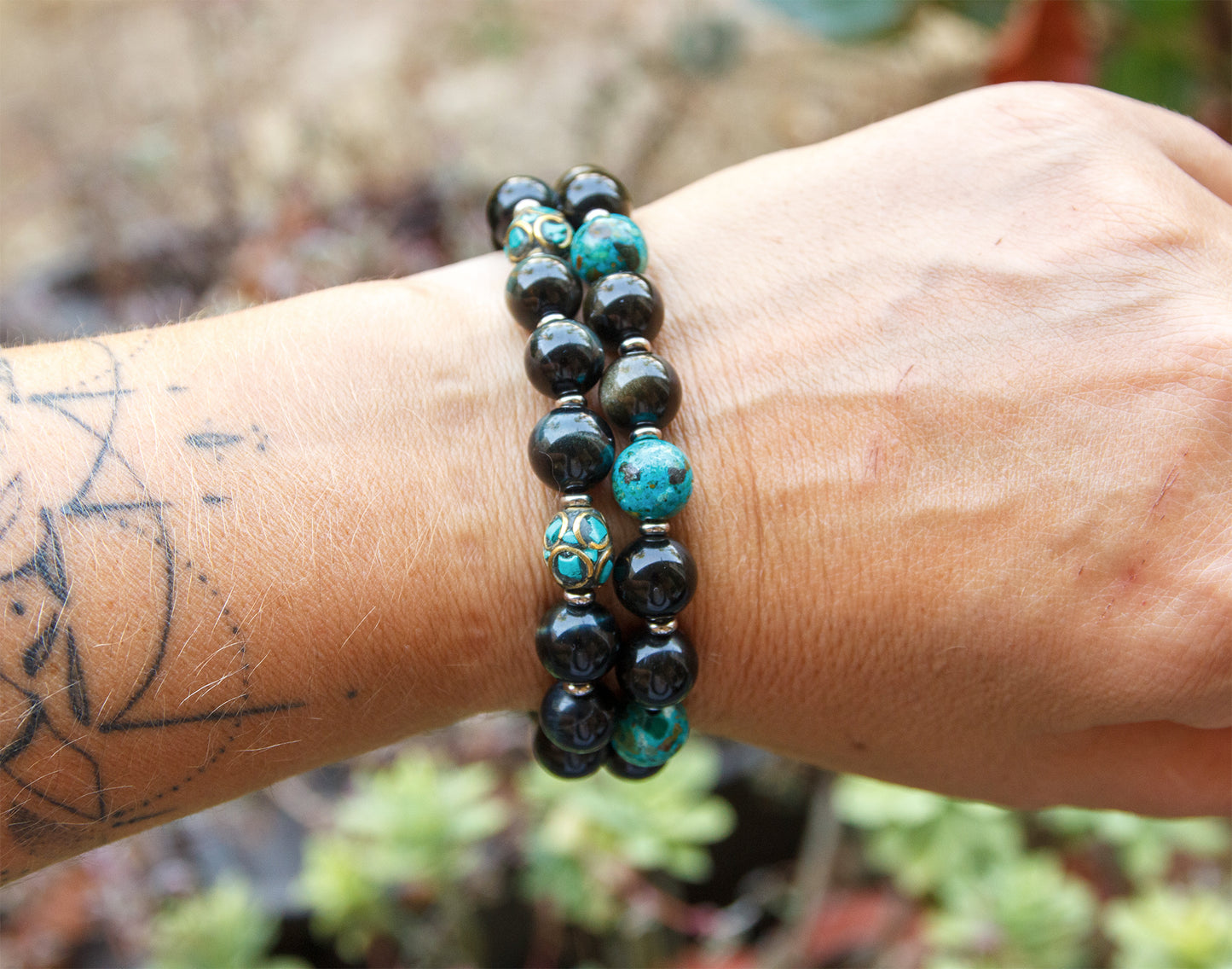 bracelet perles homme obsidienne et perles antique du Tibet turquoise (qualité AAA)
