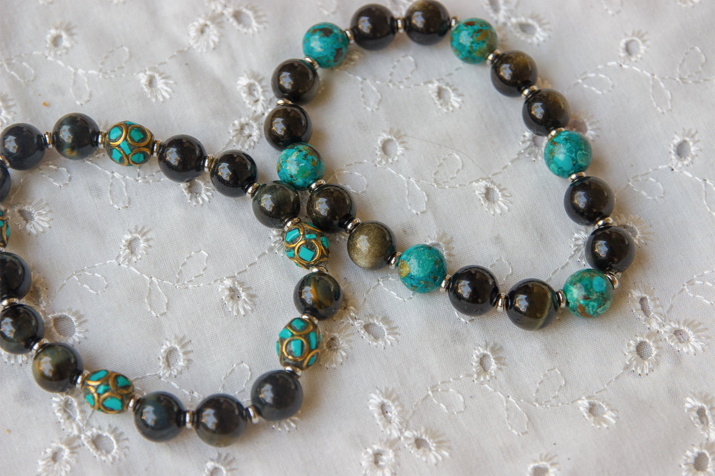 bracelet perles homme obsidienne et perles antique du Tibet turquoise (qualité AAA)