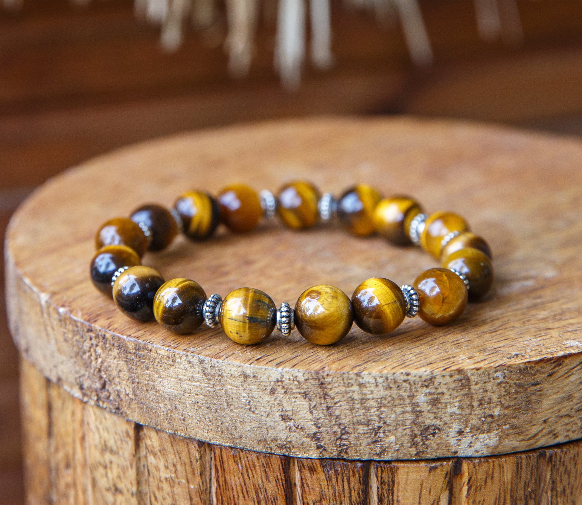 Bracelet Perles Œil de Tigre 10mm  Fait Main Pièce Unique - caurisandco