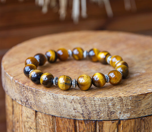 Bracelet Perles Œil de Tigre 10mm  Fait Main Pièce Unique - caurisandco