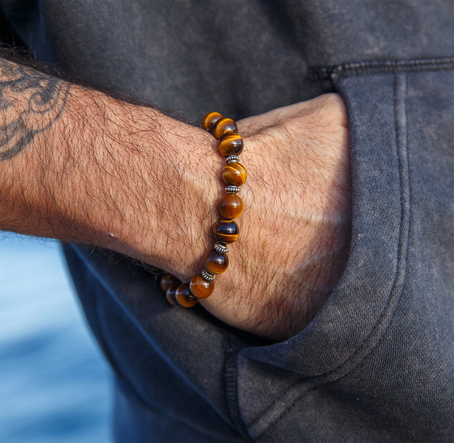 Bracelet Perles Œil de Tigre 10mm  Fait Main Pièce Unique - caurisandco