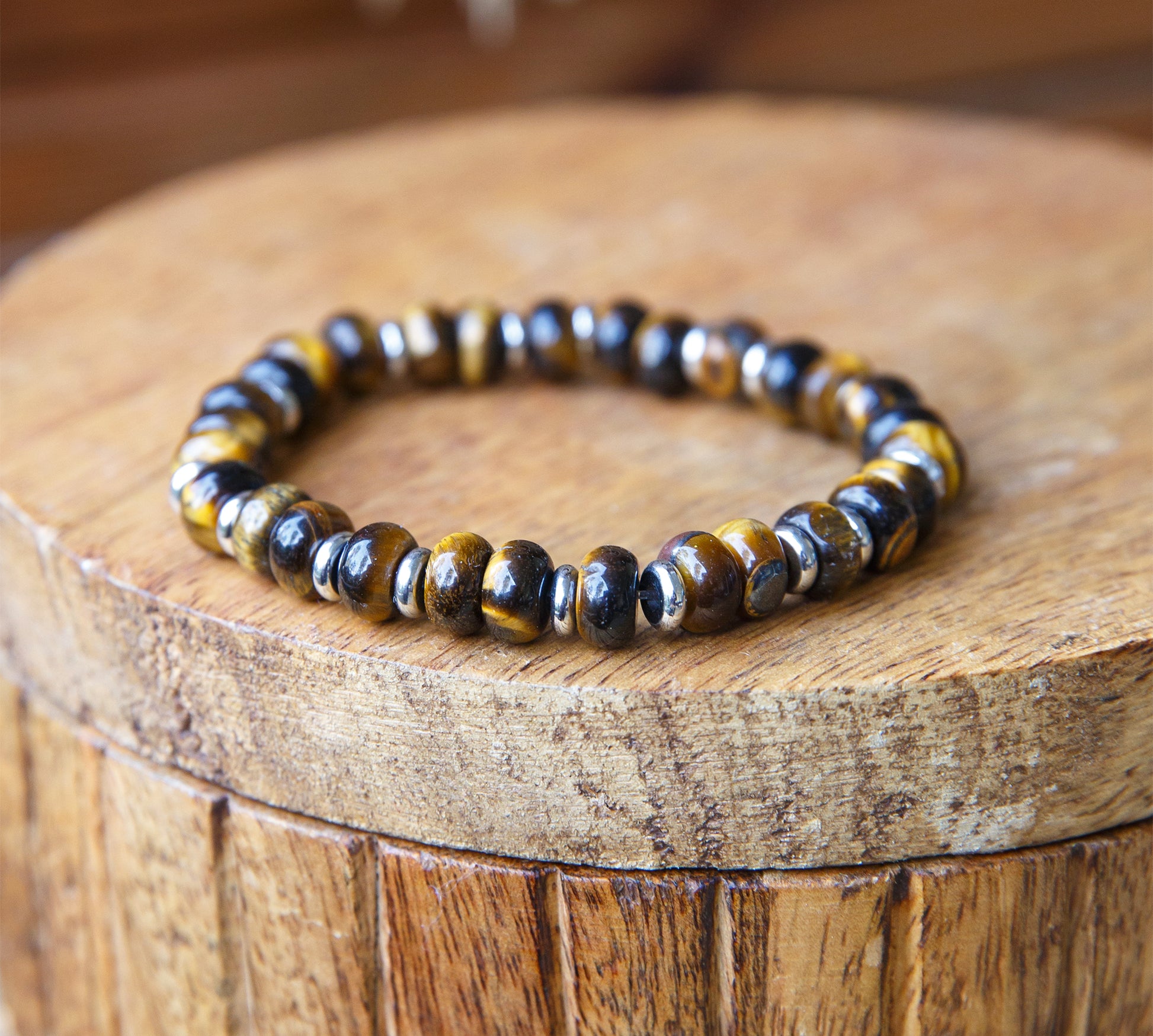 Bracelet perles en rondelle d'oeil de tigre de 8 mm - caurisandco