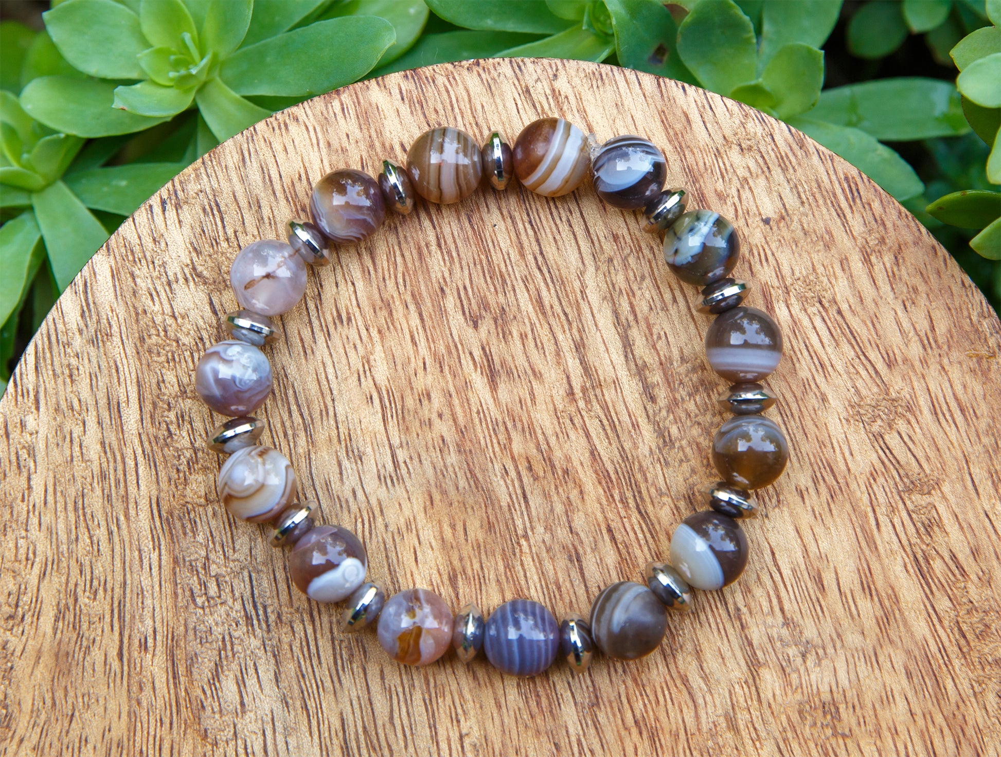 Bracelet en perles homme Agate du Botswana Fait Main Lithothérapie - caurisandco