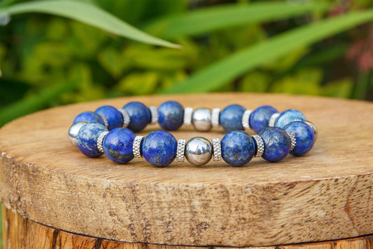 bracelet perles lapis lazuli hématite et acier inoxydable 10mm - caurisandco