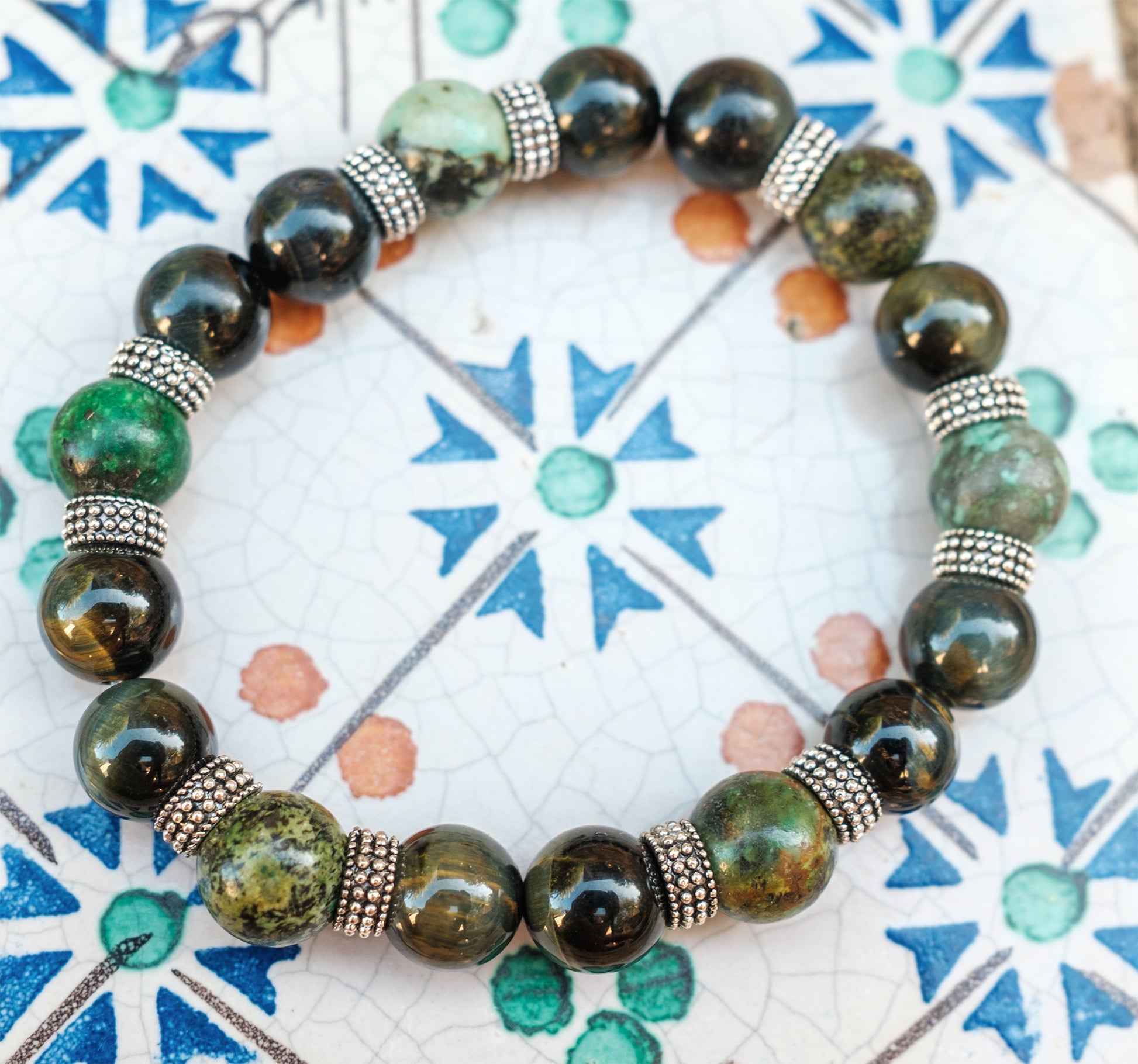 bracelet homme obsidienne turquoise d'afrique 10 mm - caurisandco