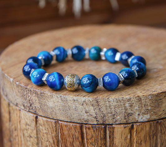 Bracelet Homme Œil de Tigre Bleu 10mm Fait Main  Lithothérapie Pierre Naturelle - caurisandco
