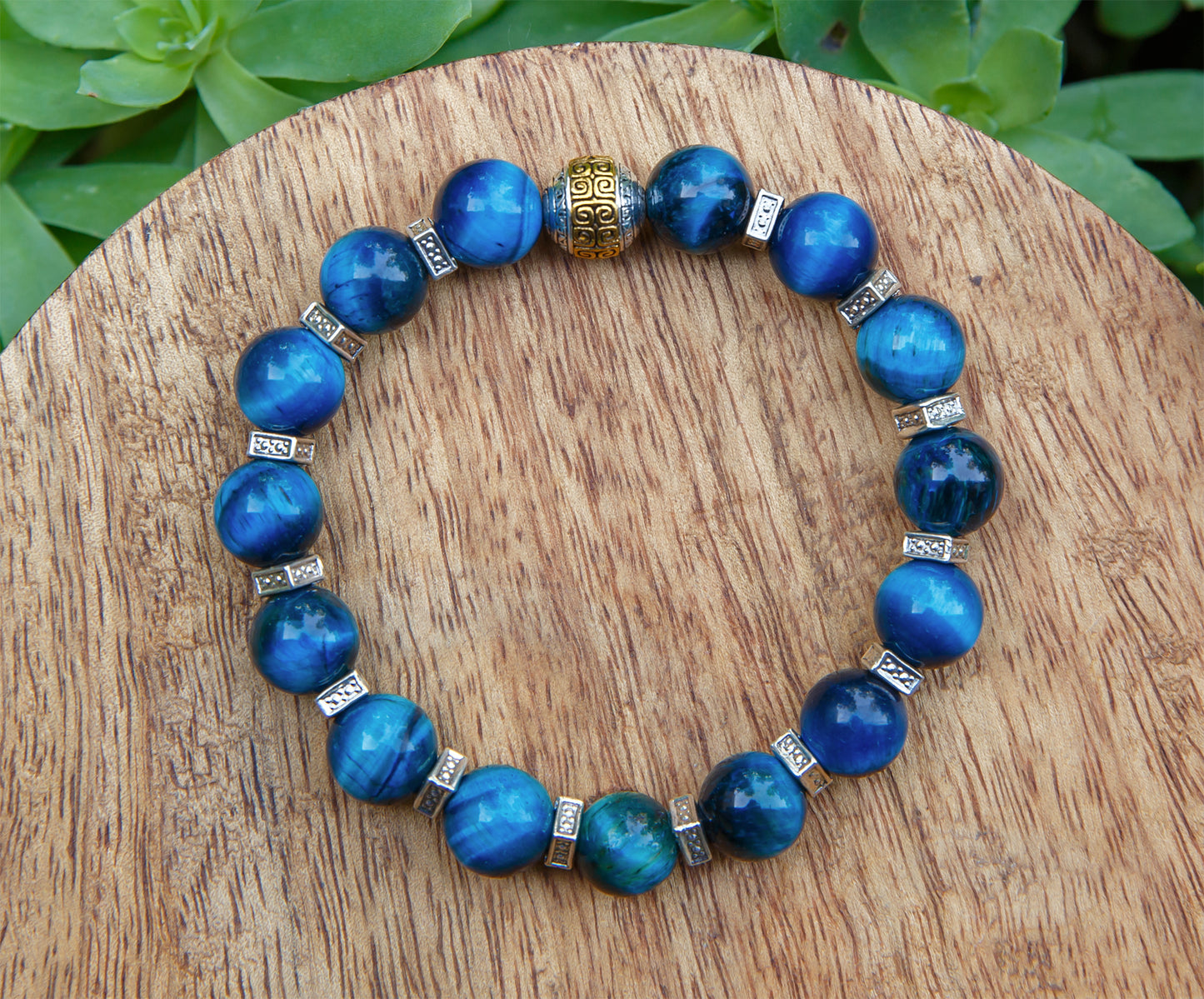 Bracelet Homme Œil de Tigre Bleu 10mm Fait Main  Lithothérapie Pierre Naturelle - caurisandco