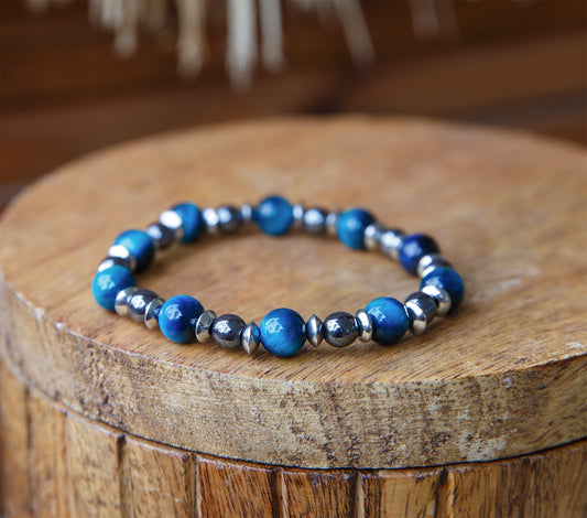 bracelet homme perles oeil de tigre bleu et hematite - caurisandco