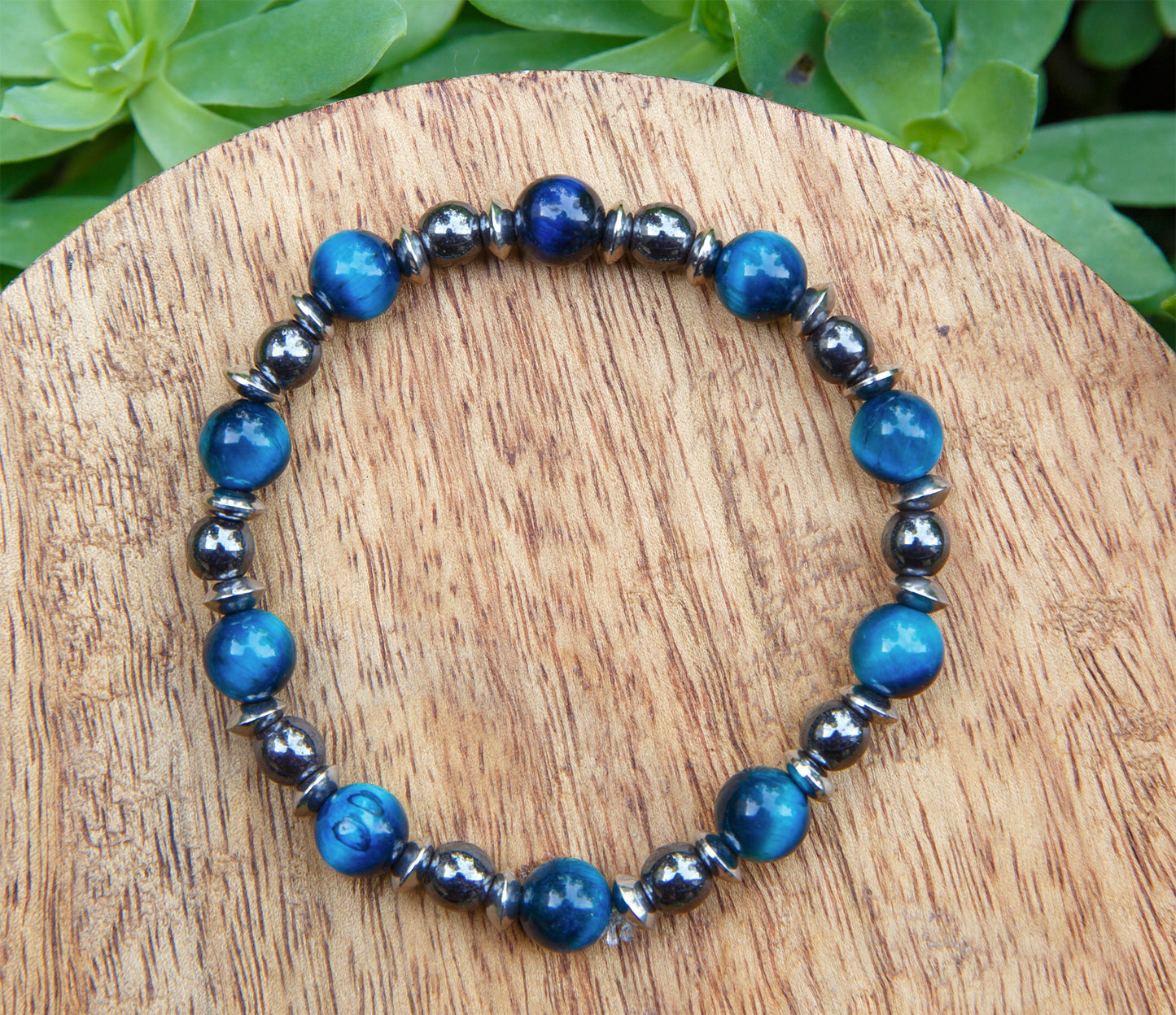 bracelet homme perles oeil de tigre bleu et hematite - caurisandco