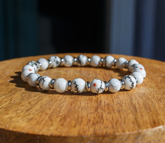 Bracelet agate blanche 8mm et perles japonisante