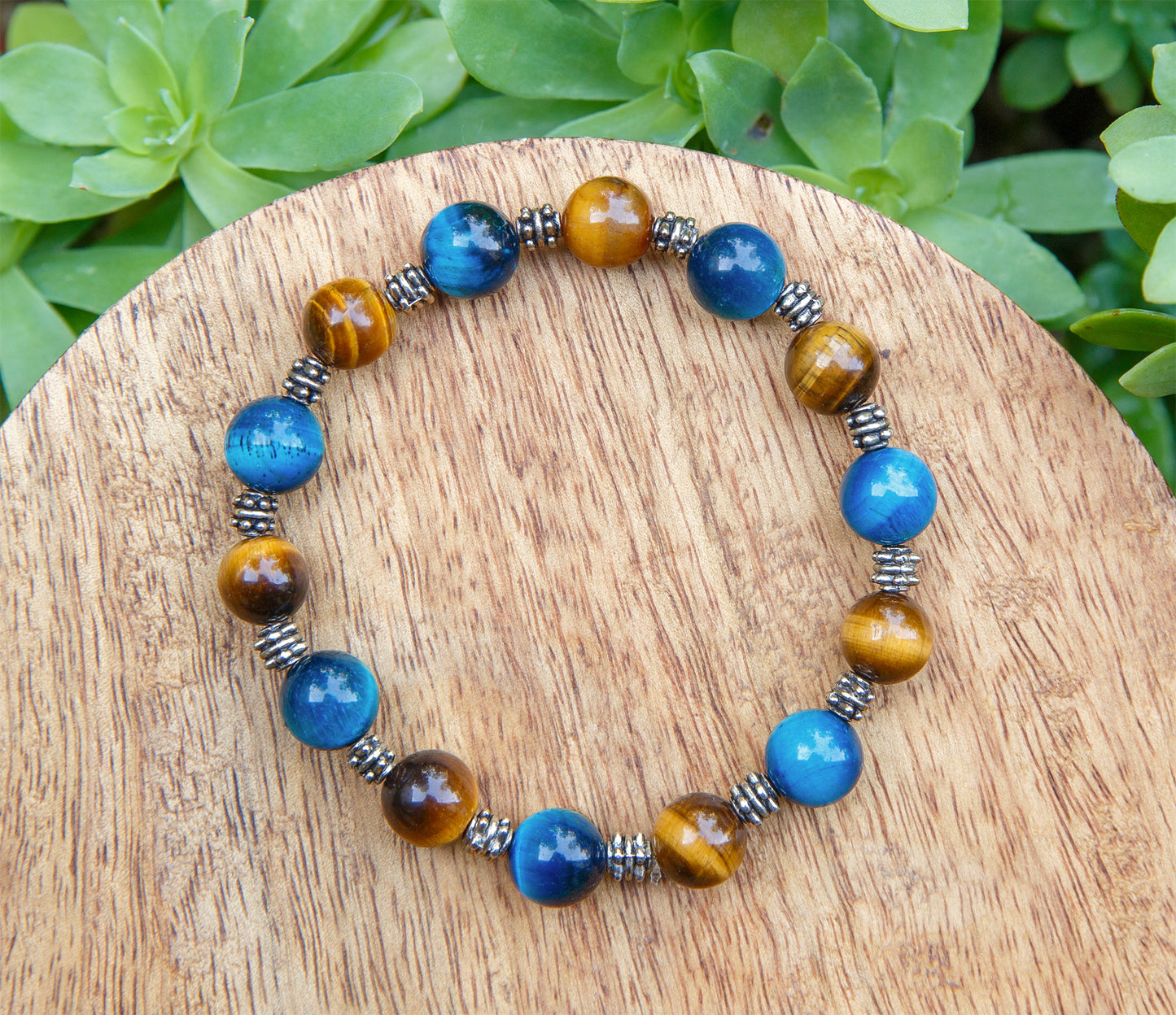 Bracelet Perles Œil de Tigre et oeil de tigre teintée bleu intercalaire large 10mm - caurisandco