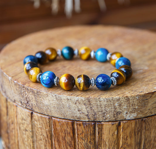 Bracelet Perles Œil de Tigre et oeil de tigre teintée bleu 10mm - caurisandco