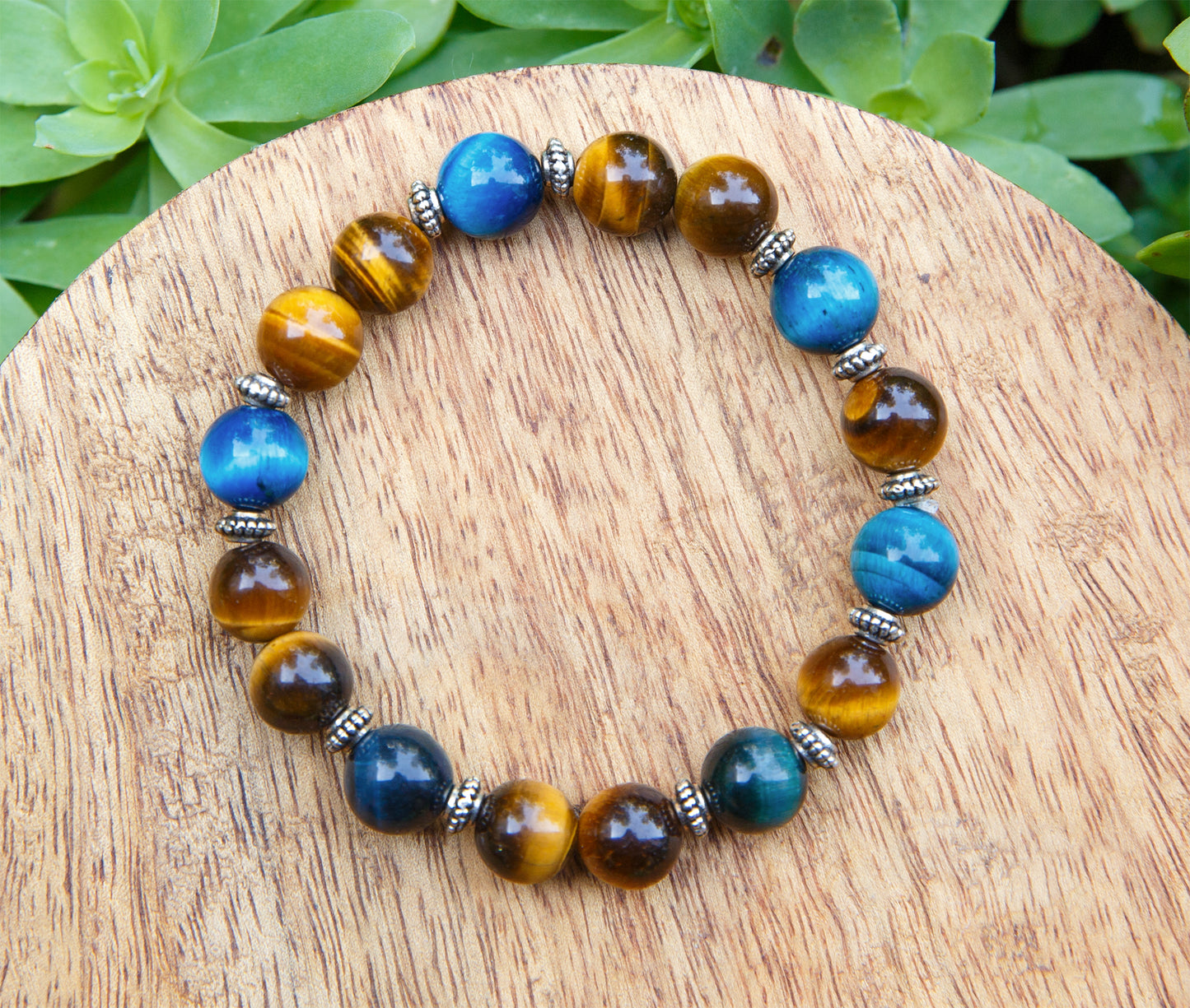 Bracelet Perles Œil de Tigre et oeil de tigre teintée bleu 10mm - caurisandco