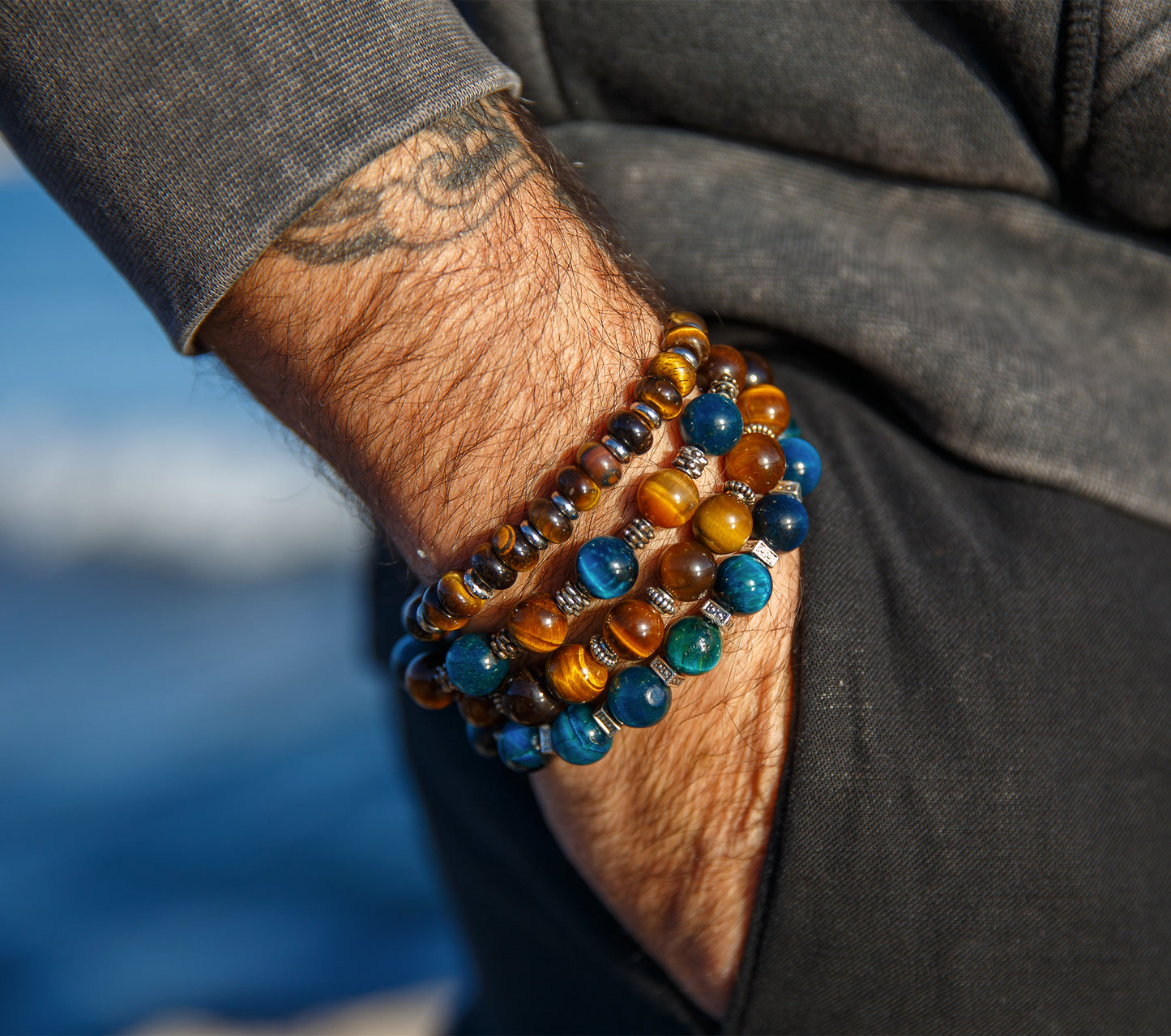Bracelet Perles Œil de Tigre 10mm  Fait Main Pièce Unique - caurisandco