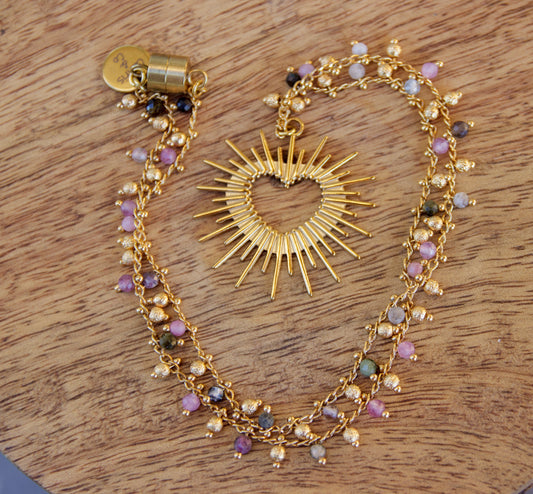 Collier chaine rosaire en tourmaline et pendentif coeur ex voto