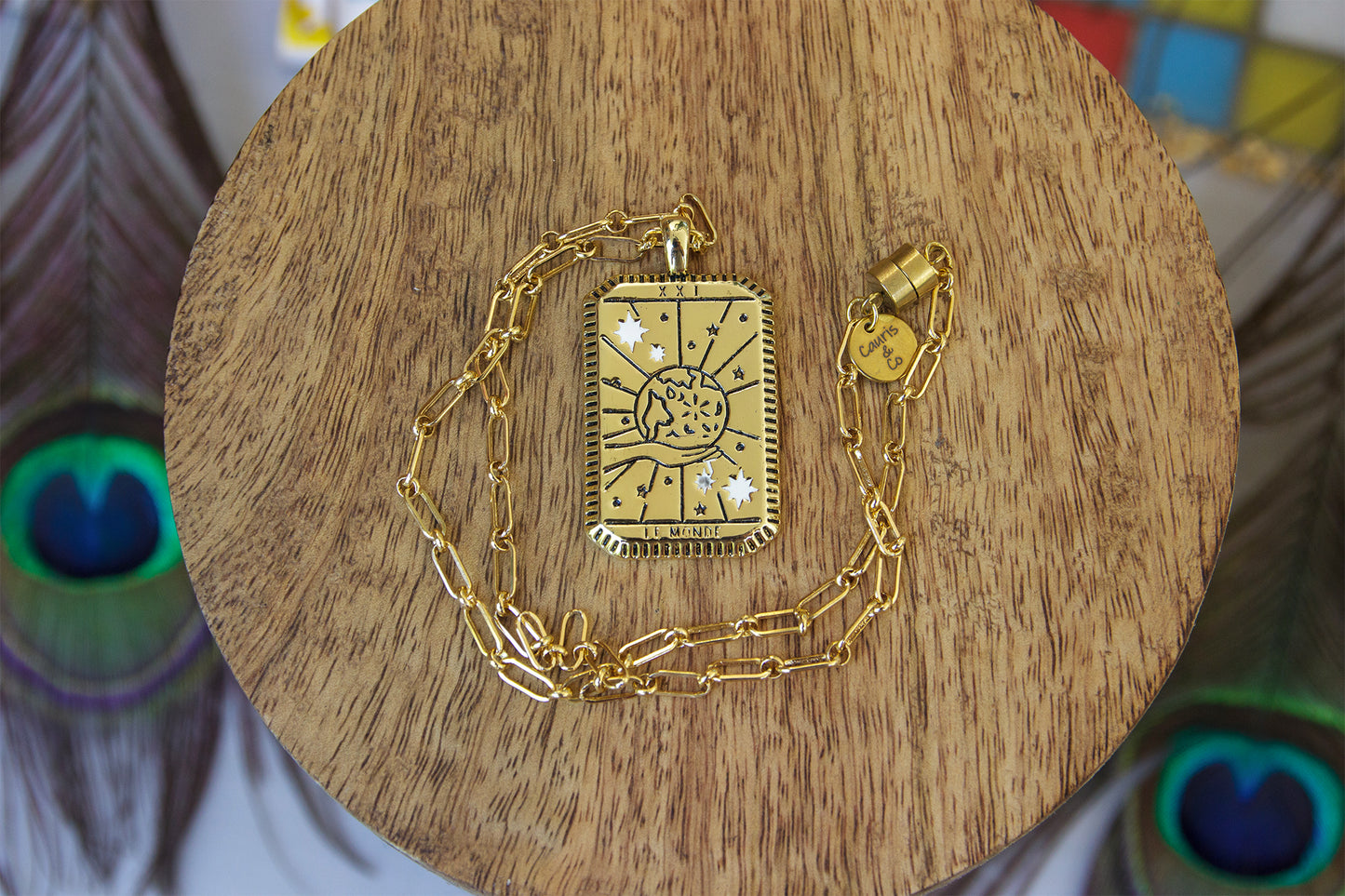 collier talisman carte tarot 'le monde" et chaine en acier inoxydable
