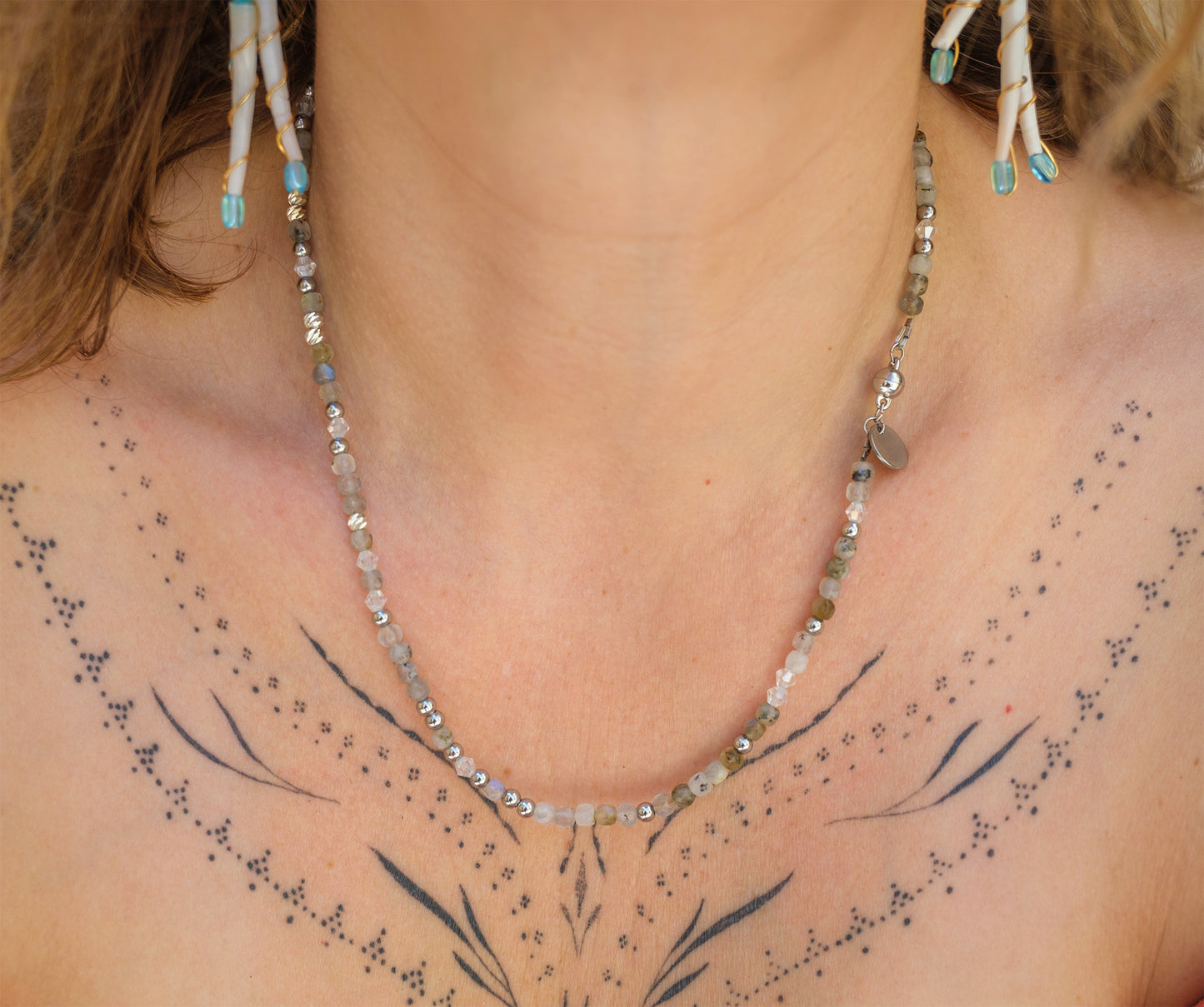 Collier Femme Labradorite Facettée & Perle en Cristal  Pièce Unique Artisanale - caurisandco