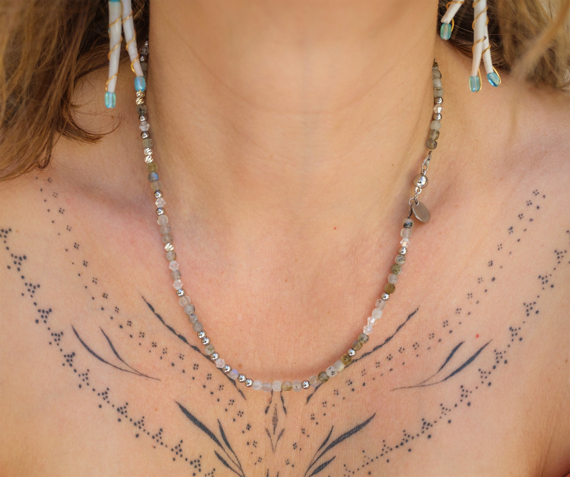 Collier Femme Labradorite Facettée & Perle en Cristal  Pièce Unique Artisanale - caurisandco