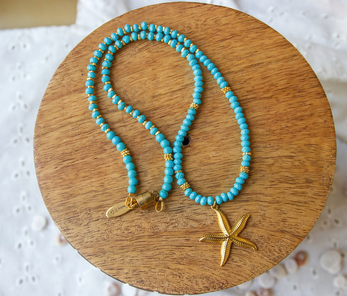 Collier Femme en Howlite Turquoise & Etoile de mer - caurisandco