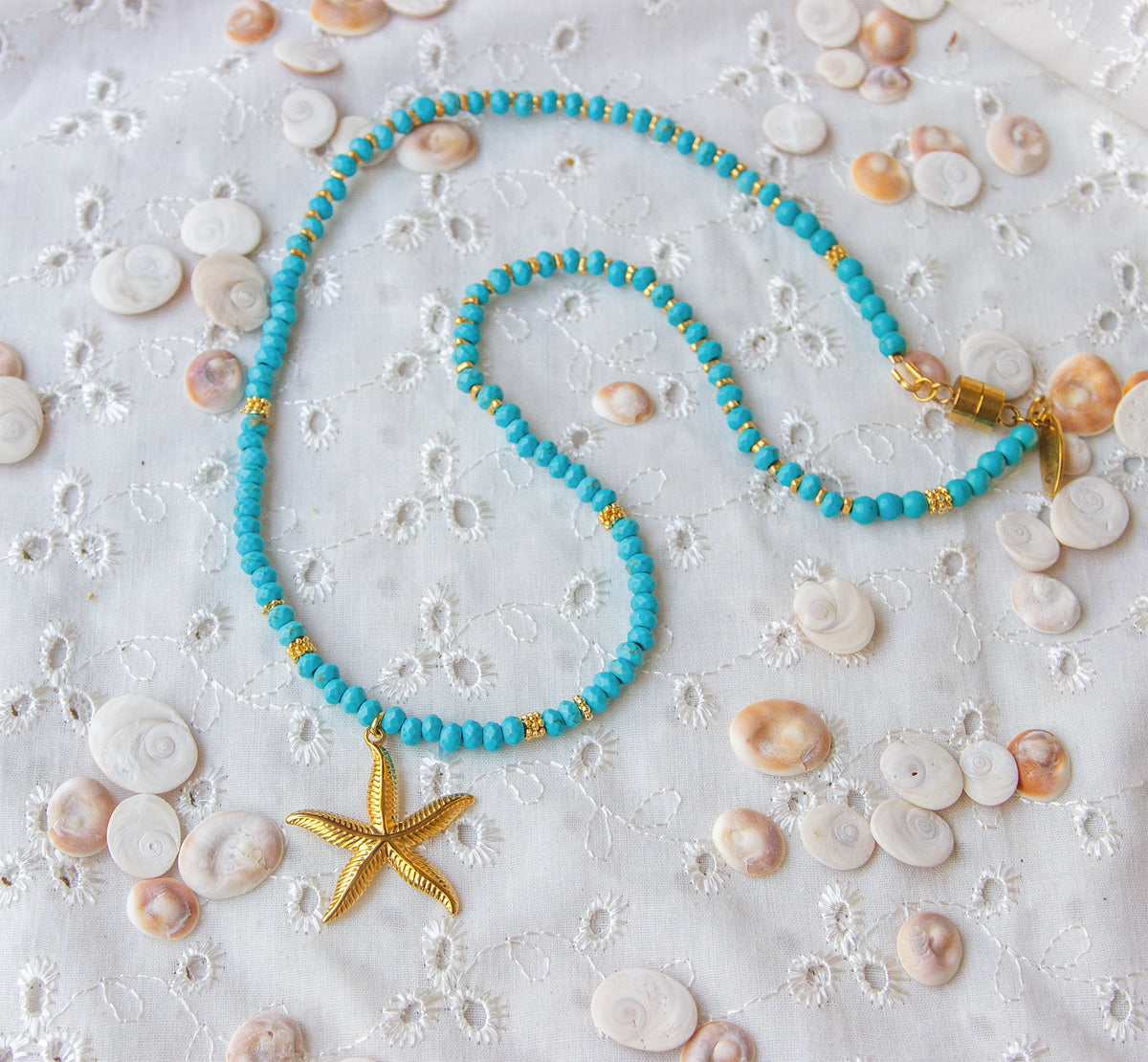 Collier Femme en Howlite Turquoise & Etoile de mer - caurisandco