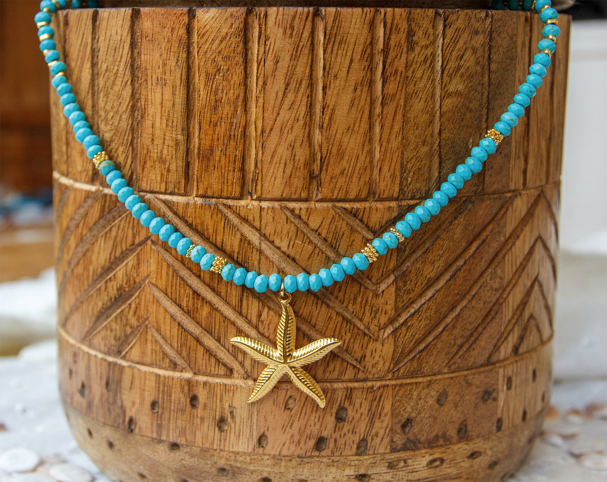 Collier Femme en Howlite Turquoise & Etoile de mer - caurisandco
