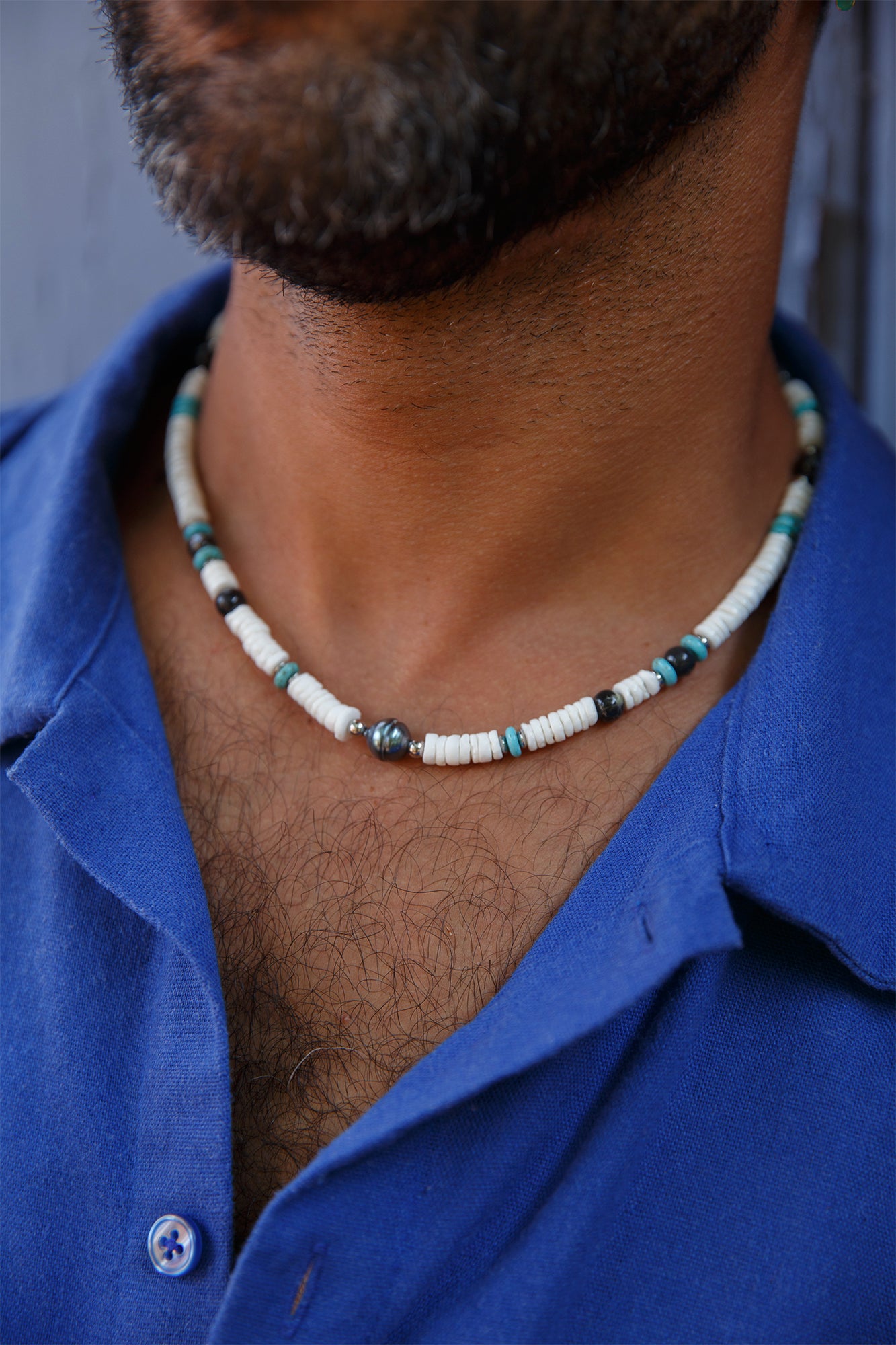 Collier Homme Heishi Coquillages, Agate Turquoise & Abalone  Pièce Unique - caurisandco