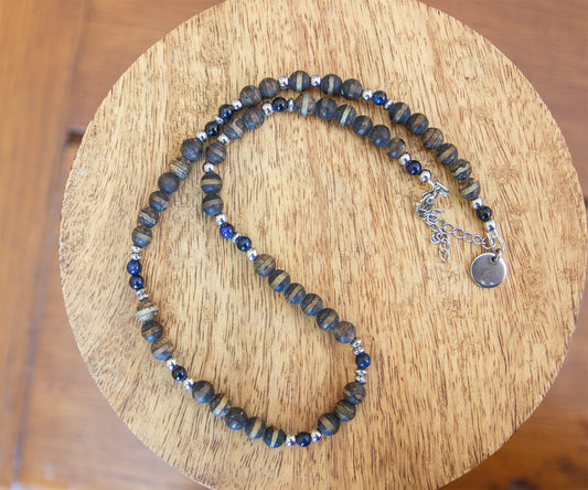 Collier Homme Agate du Tibet Rayée & Œil de Tigre Bleu  Pièce Unique Artisanale