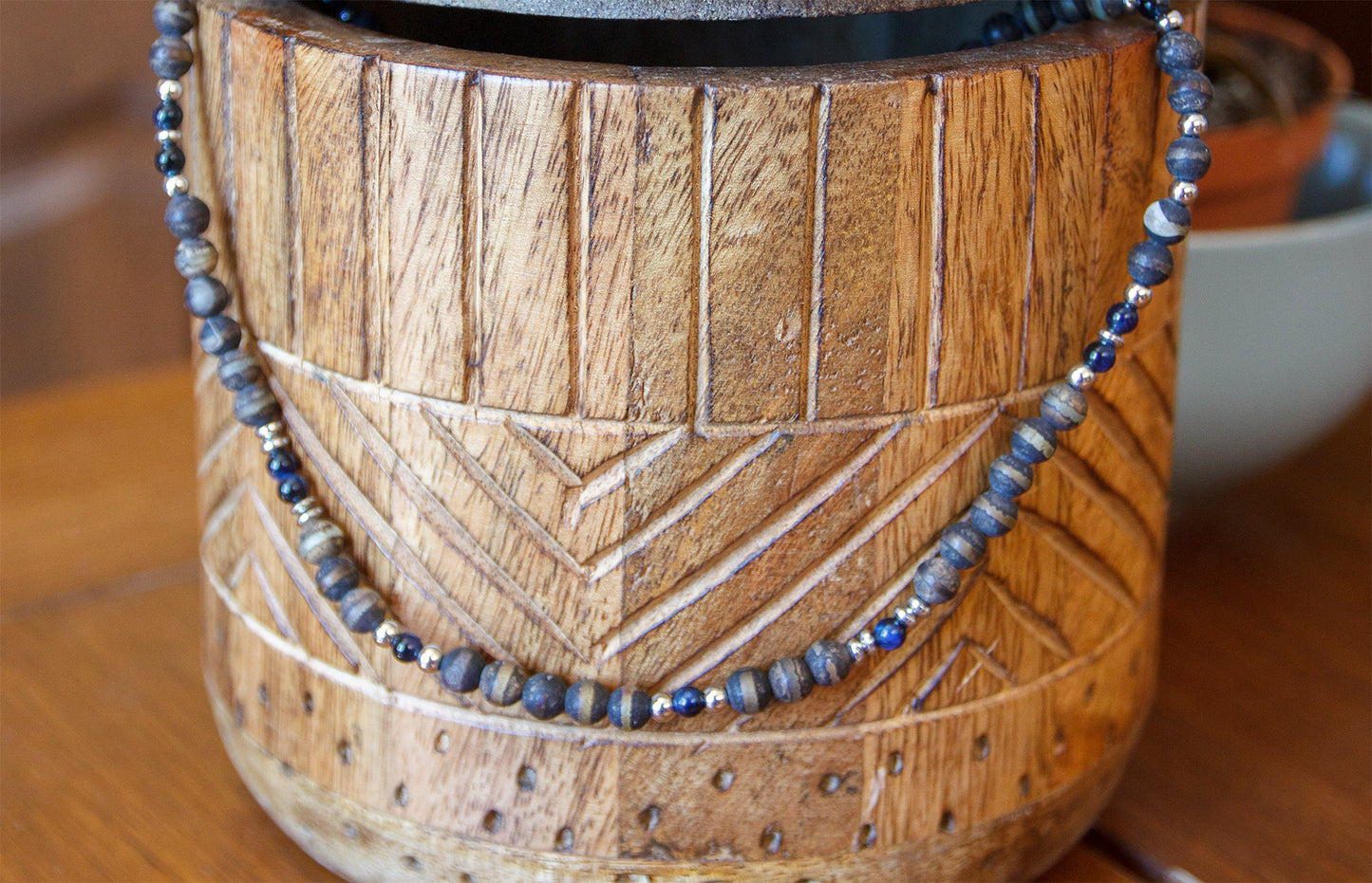 Collier Homme Agate du Tibet Rayée & Œil de Tigre Bleu  Pièce Unique Artisanale