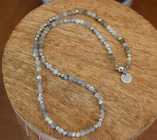 Collier Femme Labradorite Facettée & Perle en Cristal  Pièce Unique Artisanale