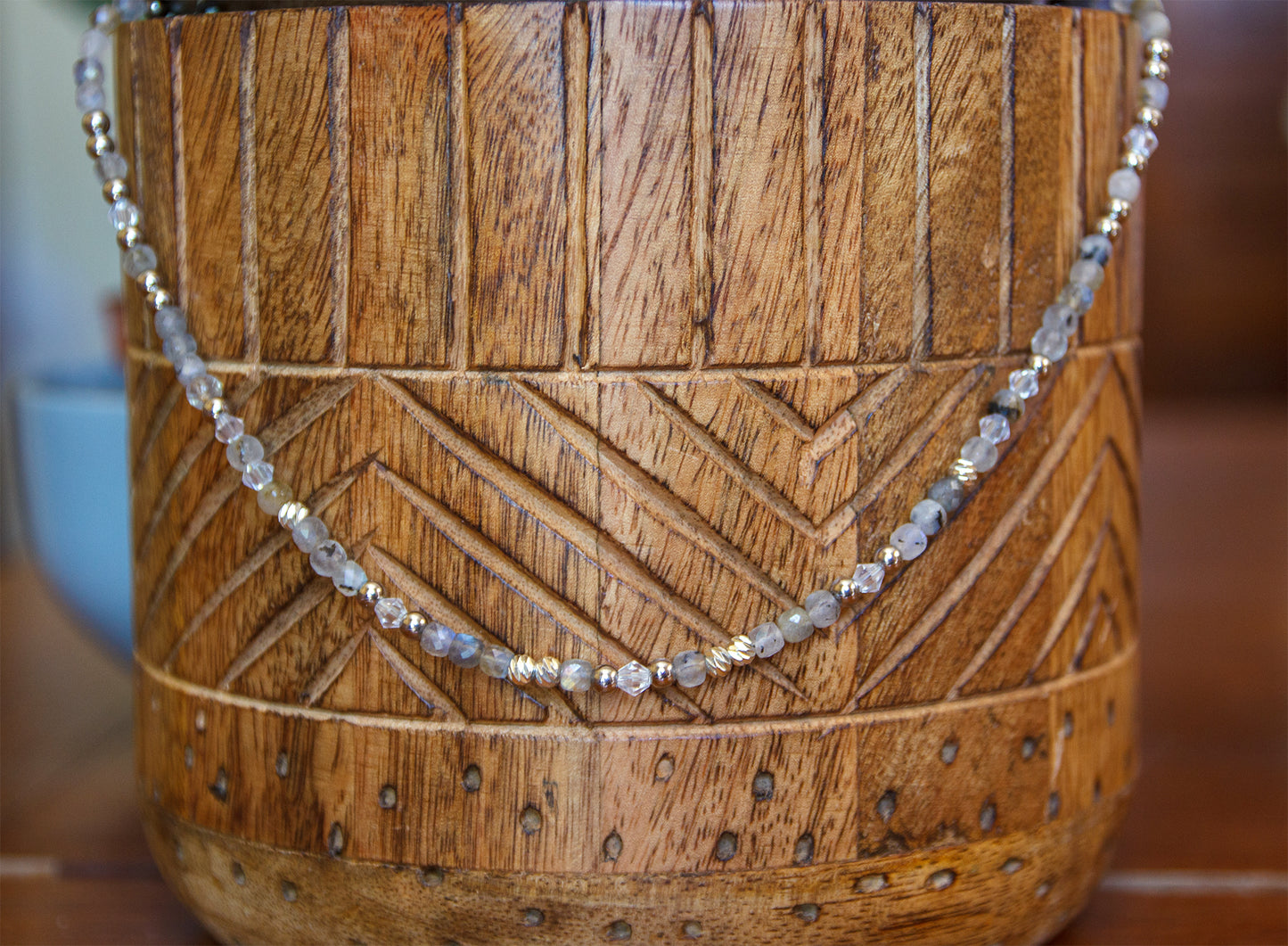Collier Femme Labradorite Facettée & Perle en Cristal  Pièce Unique Artisanale