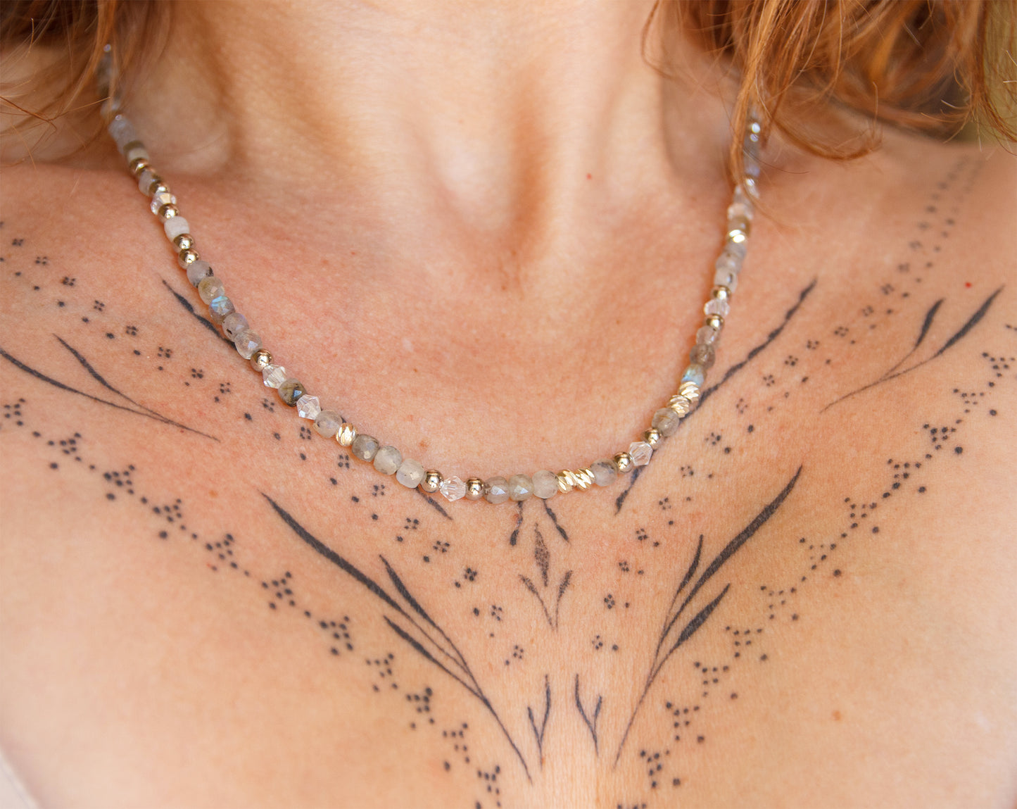 Collier Femme Labradorite Facettée & Perle en Cristal  Pièce Unique Artisanale