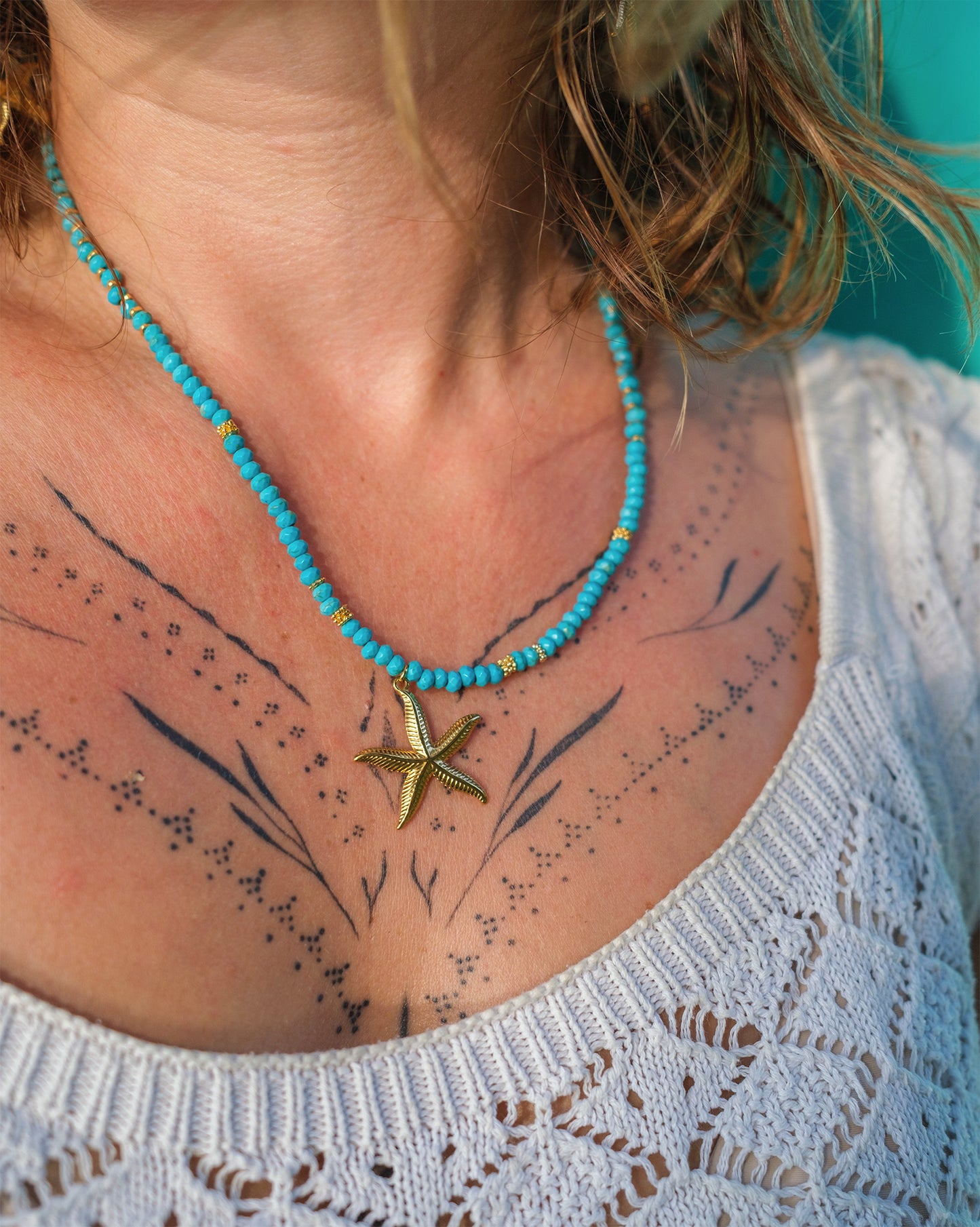 Collier Femme en Howlite Turquoise & Etoile de mer