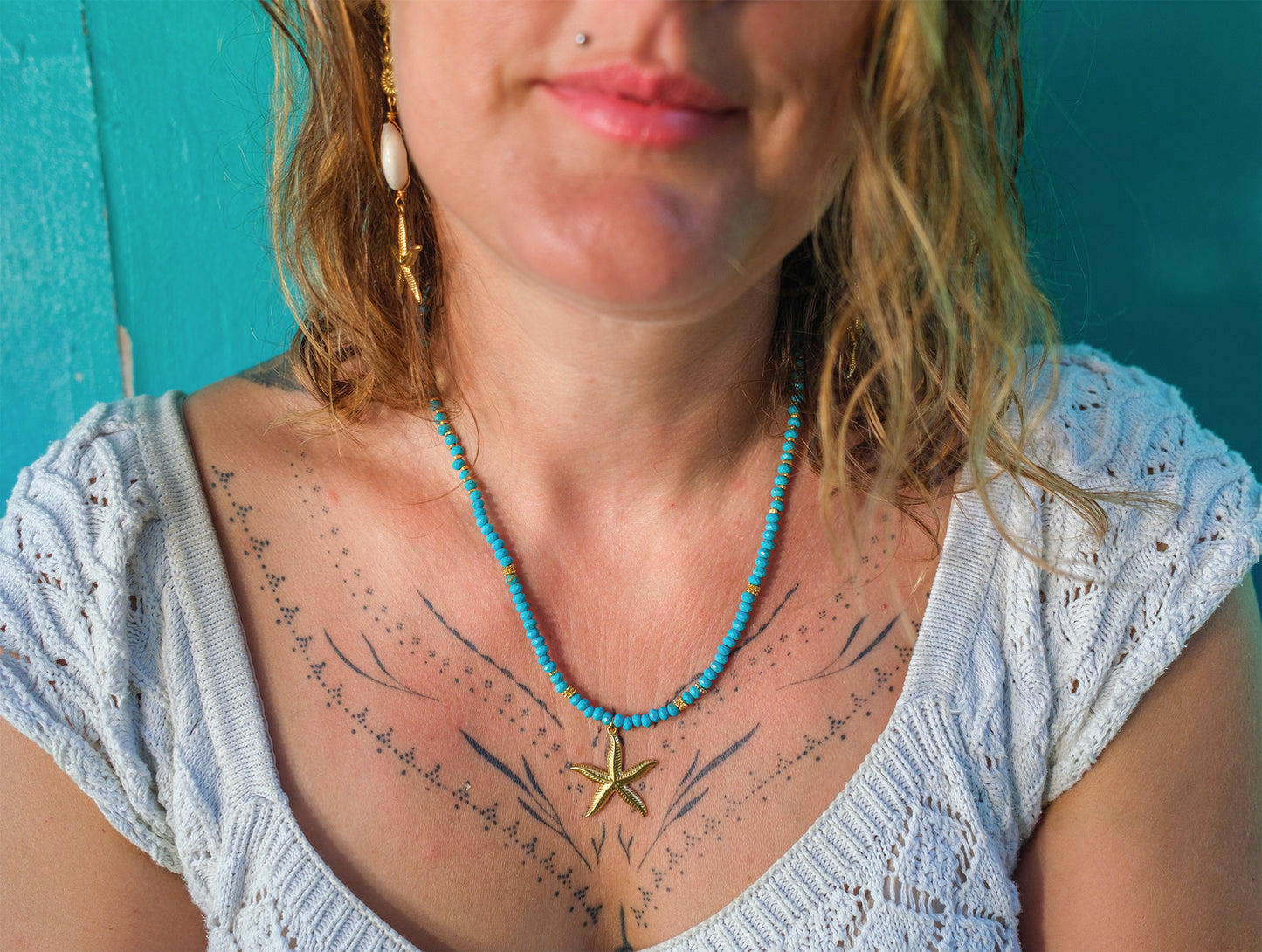 Collier Femme en Howlite Turquoise & Etoile de mer
