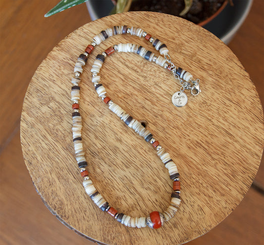 Collier Homme heishi coquillages agate et corail