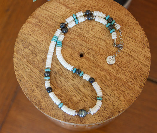 Collier Homme Heishi Coquillages, Agate Turquoise & Abalone  Pièce Unique