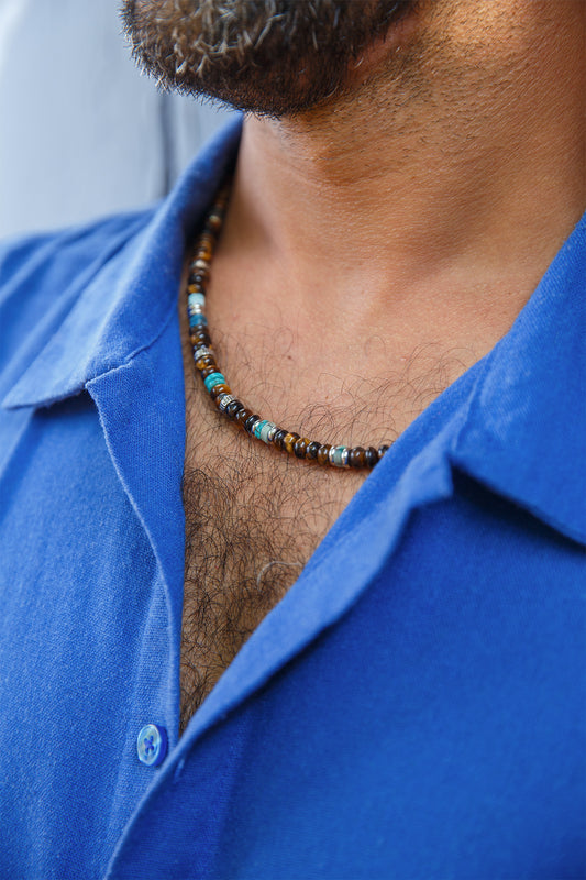 Collier Homme oeil de tigre rondelle et acier inoxydable