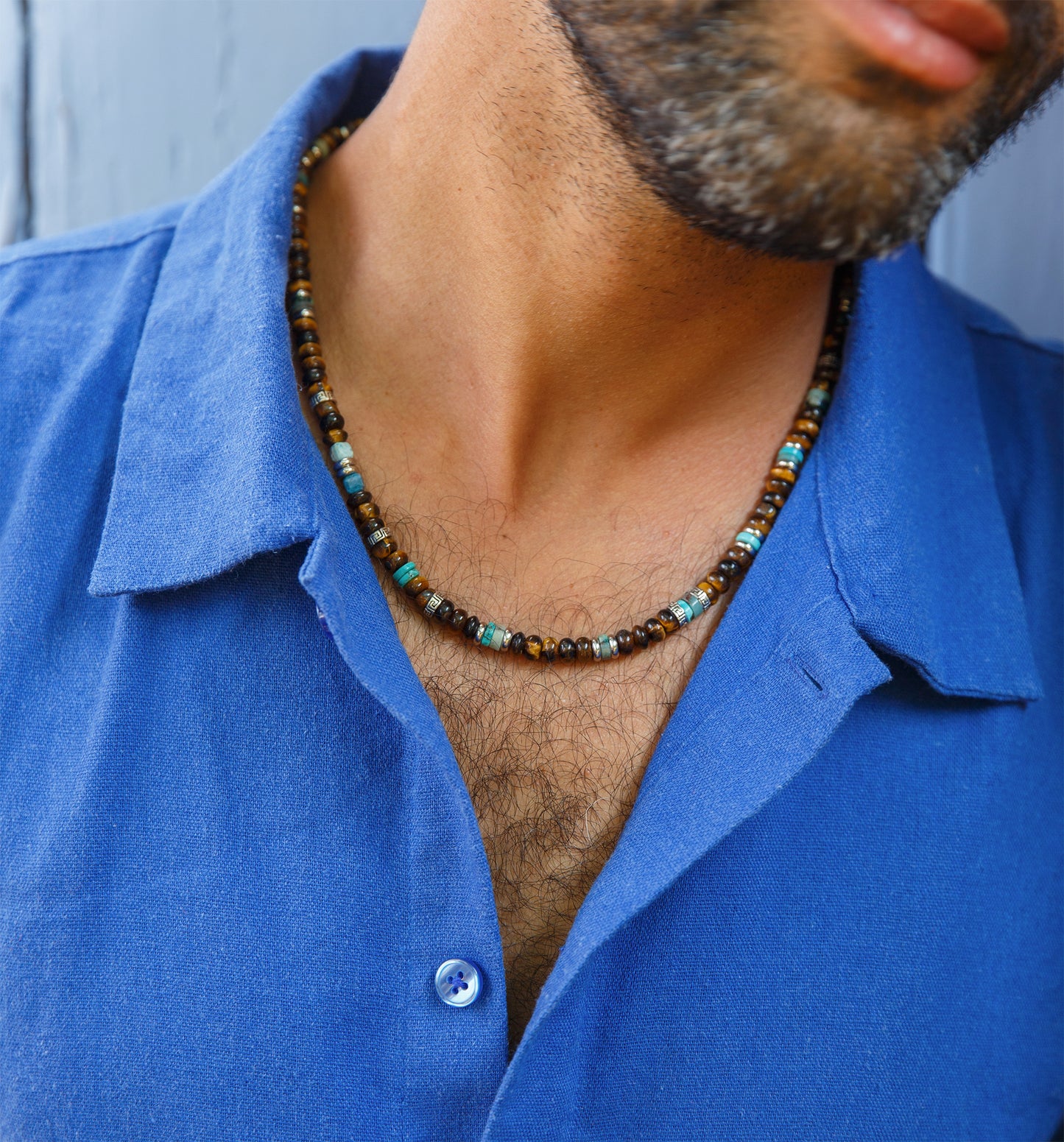 Collier Homme oeil de tigre rondelle et acier inoxydable