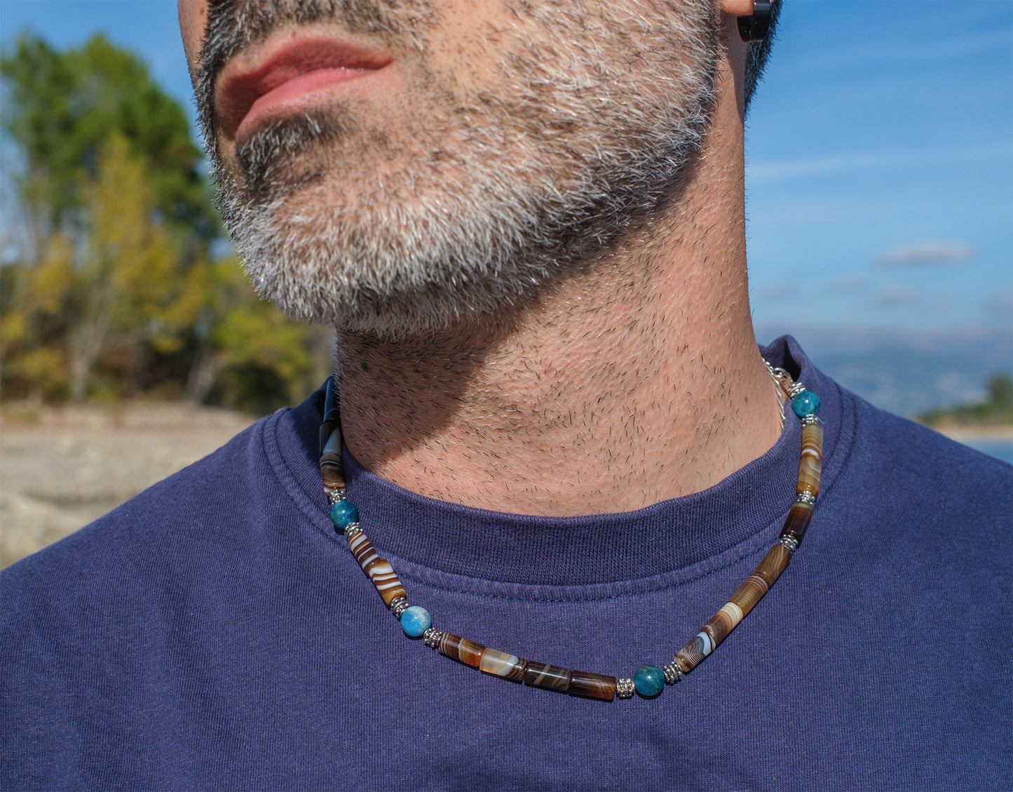 Collier Homme Agate Rayée Marron & Apatite