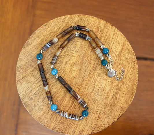 Collier Homme Agate Rayée Marron & Apatite