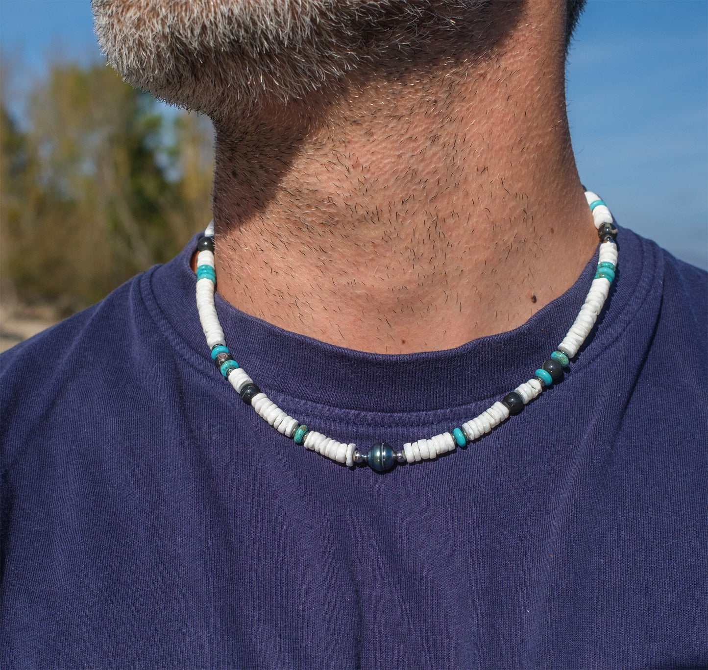 Collier Homme Heishi Coquillages, Agate Turquoise & Abalone  Pièce Unique